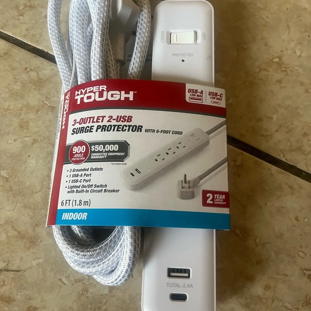 Hyper Tough White 3-Outlet 2-USB Surge Protector